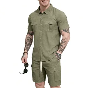 Front view of men's olive green linen casual set with cargo shirt and multi-pocket shorts