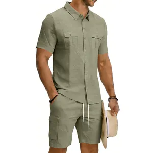 Men's casual olive linen set with a short sleeve cargo shirt and matching multi-pocket shorts
