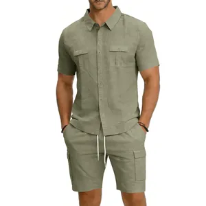 Men's casual linen two-piece set with short sleeve cargo shirt and matching pocket shorts.