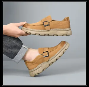 Detailed macro view of men's vintage leather slip-on shoes with soft textured soles