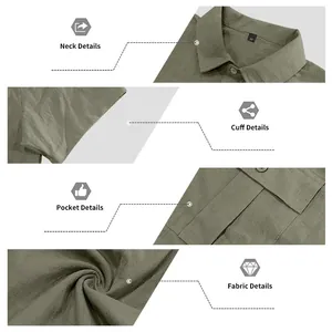 Detail views of men's olive green linen short sleeve work shirt craftsmanship.