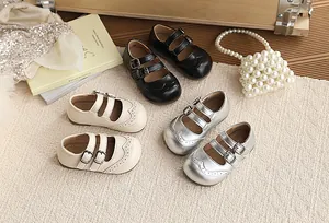 Classic British style Mary Jane shoes for girls in black, beige, and silver colors