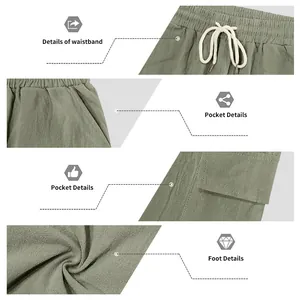Detailed macro shots of sage green linen cargo shorts showing waistband and pockets
