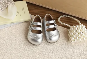 Elegant silver British style girls Mary Jane shoes with brogue wingtip cutout details
