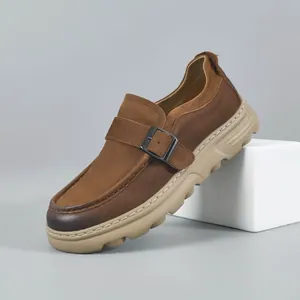 Men Retro Genuine Leather Casual Shoes Breathable Soft Sole Slip-on Loafers With Metal Buckle Vintage Low-top Board Shoes