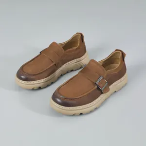 Vintage men's genuine leather loafers with buckle detail and comfortable thick rubber soles