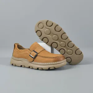 Classic men's genuine leather loafers with soft soles and buckle detail in tan