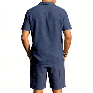 Back view of a navy blue linen short-sleeve shirt and matching cargo shorts set