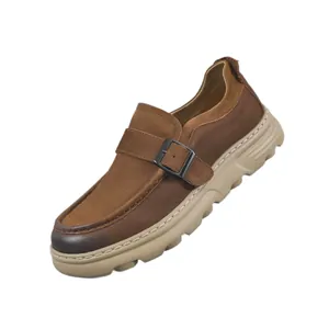 Premium men's vintage brown leather loafers featuring a thick soft sole and stylish buckle