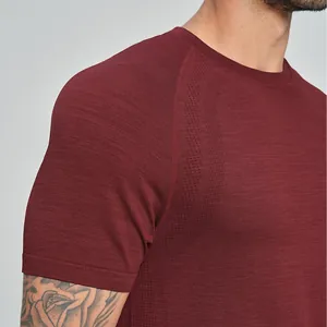 Men's burgundy seamless breathable sports fitness t-shirt close-up view