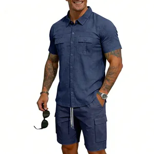 Detail view of navy blue linen cargo shirt and matching multi-pocket shorts set
