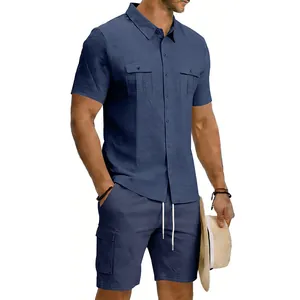 Detail view of a men's navy blue linen short-sleeve cargo shirt and matching shorts set.