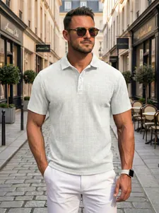 Men's stylish white textured jacquard polo shirt for a casual summer look