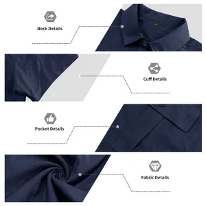 Close-up details of dark blue linen short-sleeve shirt showing collar, pocket, and fabric.