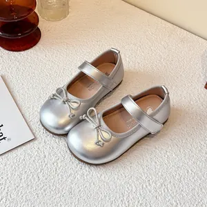 Elegant silver girls Mary Jane princess shoes with delicate bow and metallic finish
