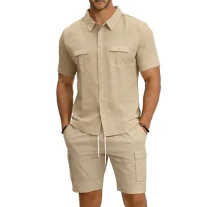 Full view of men's linen casual set with cargo shirt and multi-pocket shorts