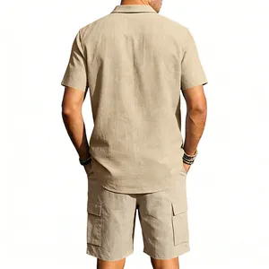 Back view detail of a beige linen casual set featuring cargo shirt and shorts