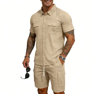 Men's khaki linen cargo shirt and matching multi-pocket shorts set in a studio shot