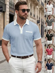 Polo à Manches Courtes en Tricot Gaufre pour Hommes Blocs de Couleurs Revers Bouton Casual Business Top