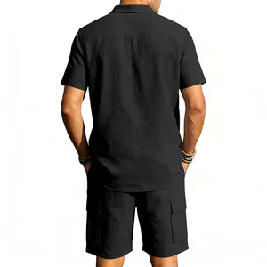 Back view of black linen casual set with short sleeve shirt and cargo shorts