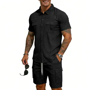 Close-up of black linen casual set featuring a short sleeve cargo shirt and shorts