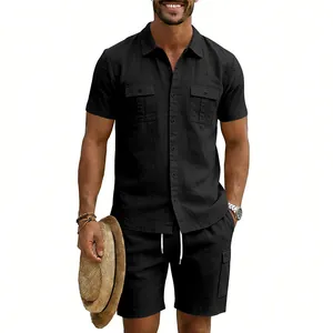 Men's black linen casual set featuring short-sleeve shirt and multi-pocket shorts.