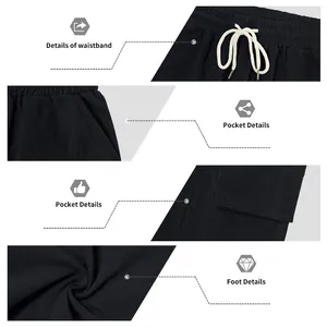 Macro detail view of black linen shorts showing waistband, pockets and fabric texture.