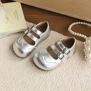 Elegant silver British style Mary Jane shoes for toddler girls with brogue detail