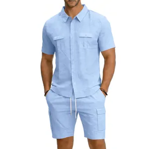 Detail view of men's light blue linen set with short-sleeve shirt and cargo shorts.