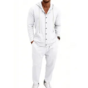Men's loose white linen hooded long-sleeved shirt and casual pants two-piece set