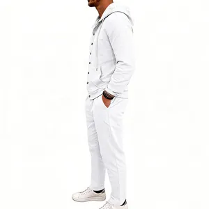 Side view of white linen hooded long sleeve shirt and matching pants leisure set