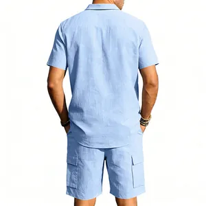 Back view of men's light blue short sleeve linen casual cargo shirt and shorts set