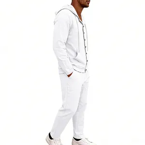Side view of white linen hooded shirt and trousers set for men's vacation style