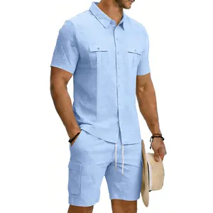 Detailed view of men's light blue linen utility shirt and matching cargo shorts set