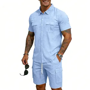 Detail of men's light blue linen set with short-sleeve shirt and cargo shorts