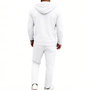Detail back view of men's breathable white linen hooded shirt and loose trousers set