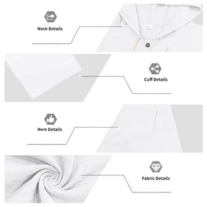 Close-up details of the neck, cuffs, hem and linen fabric texture of the men's set