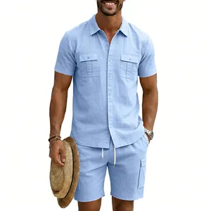 Detail view of men's light blue linen casual set with short sleeve shirt and cargo shorts