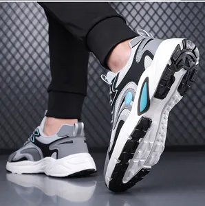 Close-up view of stylish breathable mesh sneakers with chunky anti-slip rubber sole for men