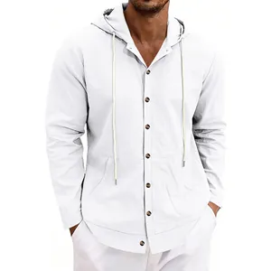 Detail view of men's white linen hooded shirt featuring front buttons and drawstrings