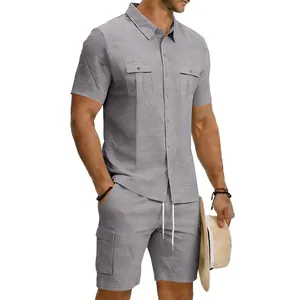 Detail showing the texture and pocket design of grey linen cargo shirt and shorts set.