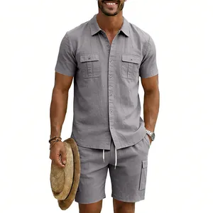 Full view of men's gray linen shirt and cargo shorts set with straw hat accessory