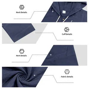 Detailed macro view of men's loose linen hooded shirt neck, cuffs, hem and fabric texture