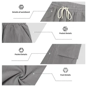 Detailed views of grey linen cargo shorts including waistband and pockets