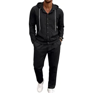Men's casual black linen two-piece set with hooded shirt and loose drawstring pants.