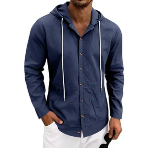 Detail view of the navy blue hooded linen shirt featuring button-down front and drawstrings.