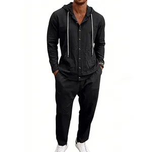Front view of men's black linen casual hooded shirt and matching loose pants set
