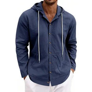 Premium men's loose blue linen hooded long-sleeve button-down casual beach shirt