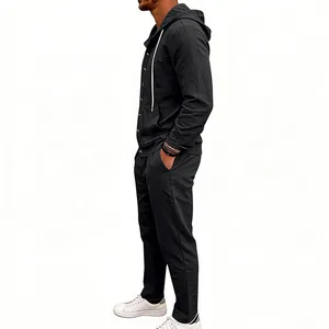 Men's black loose linen casual vacation set with hooded shirt and long trousers