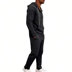 Men's loose black linen hooded long-sleeve shirt and pants set for casual holiday wear